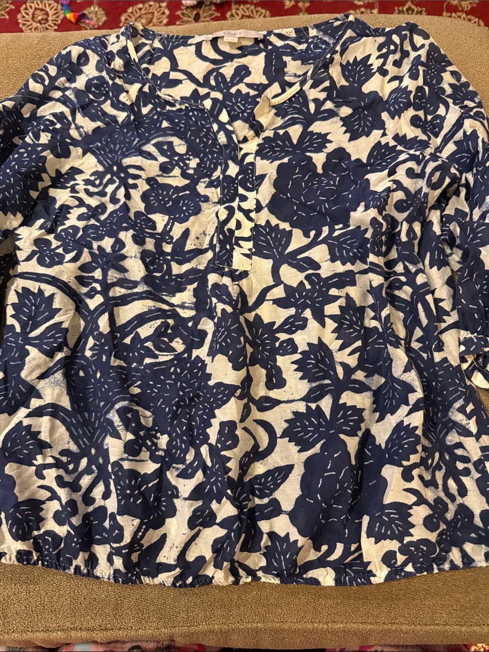 LOFT Petites Size SmallNavy Blue and White Top Cotton Silk Blend (TD)
